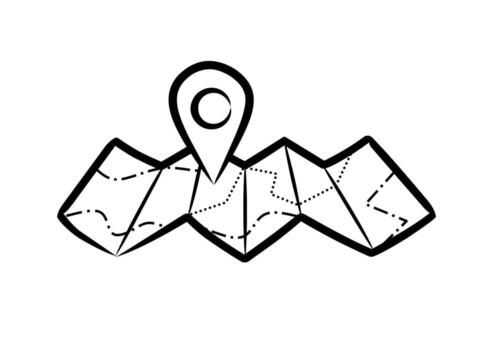Sketch style hand drawn map location icon illustration with folded paper, dotted route lines, and minimal shading perfect for navigation app symbol, travel guide, or direction concept design vector