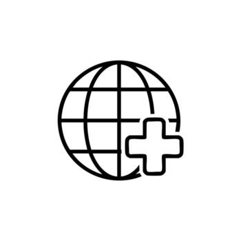 empoderamiento global salud soluciones con un moderno, minimalista mundo icono y más símbolo, representando conectividad y positivo impacto vector