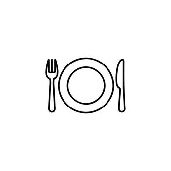 Simple, clean line art icon of a plate with fork and knife, perfect for restaurant menus and culinary branding, conveying freshness and elegance vector