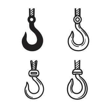 Collection of four different styles of crane hooks in black and white icon design vector