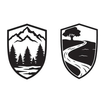 Illustrated emblems of mountains trees and a road scene inside shield shaped frames in black and white vector