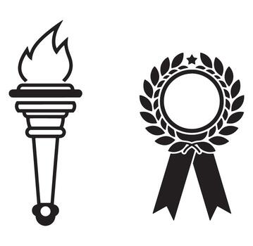 Black and white illustration of a torch and a laurel wreath badge on white background vector