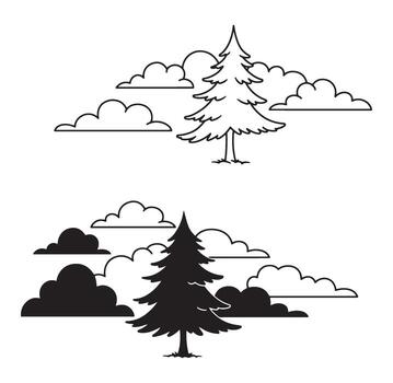 ilustración de un pino árbol y nubes en dos diferente estilos para diseño vector
