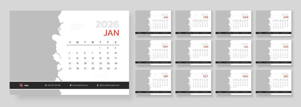 2026 calendar monthly overview layout vector