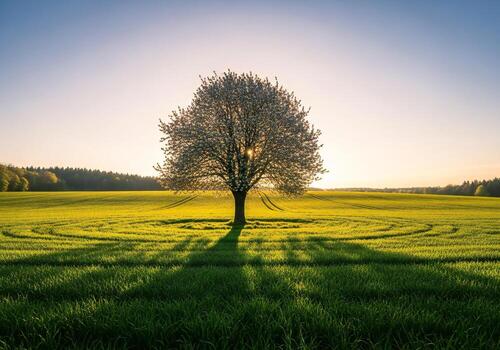 Nature background, Nature wallpaper, Lone flowering tree in a sunlit green field with circular patterns and a forest background photo