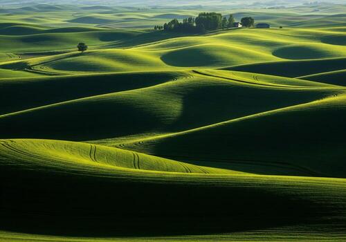 Nature background, Nature wallpaper, Rolling green wheat fields with soft sunlight and shadow patterns distant trees and buildings photo
