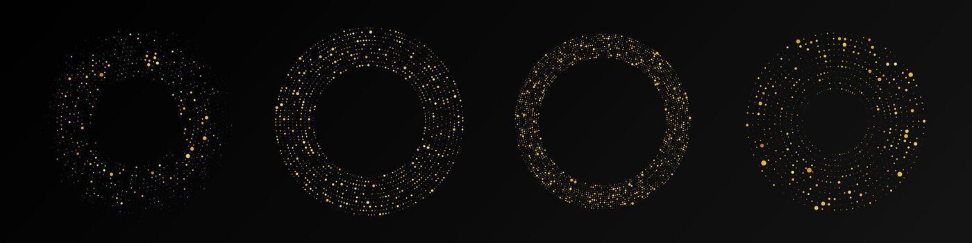 Abstract gold glowing halftone dotted background. Set of four gold glitter patterns in circle form. Circle halftone dots. Perfect illustration vector