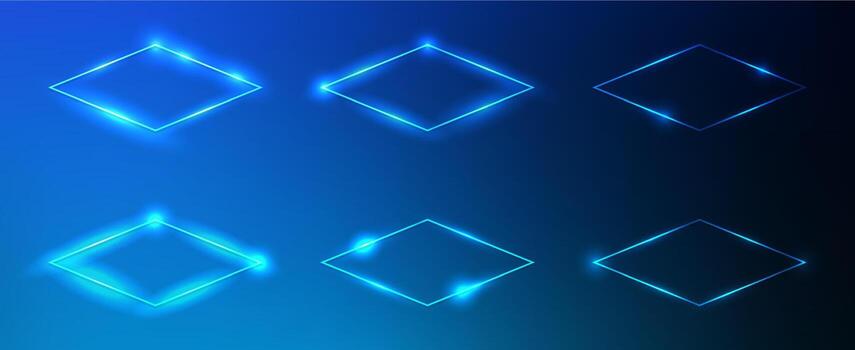 Set of six neon rhombus frames with shining effects and sparkles on dark blue background. Empty glowing techno backdrop. illustration vector