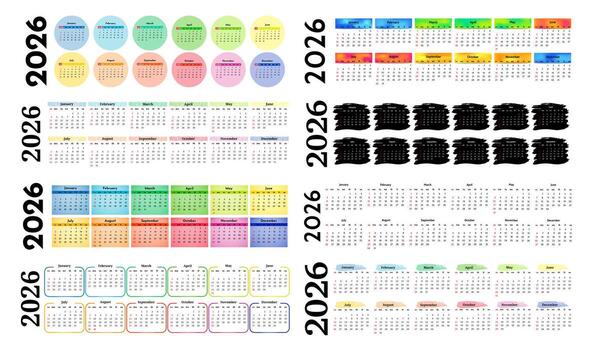 Set of eight horizontal calendars for 2026 isolated on a white background. Sunday to Monday, business template. illustration vector