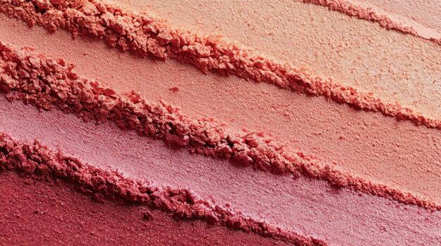 Close-up of diagonal stripes of finely milled powder in varying shades of pink and red, showing texture and subtle color gradations. The powder appears soft and slightly grainy photo
