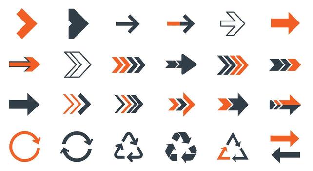 Variety of Arrow and Recycle Icons in Orange and Dark Gray Navigation, Direction, Sustainability, and UI UX Design Elements vector