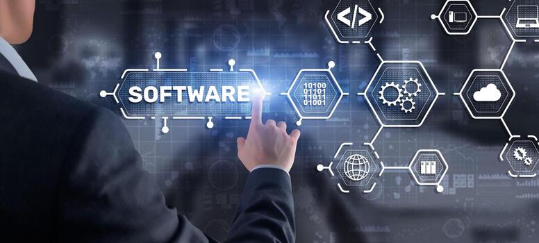 Software development concept business man touching software icon on digital background photo