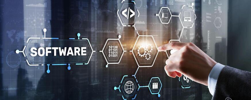 Software development concept hand pointing to software development concept photo