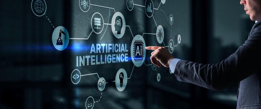 hombre en negocio traje conmovedor virtual interfaz con artificial inteligencia concepto foto