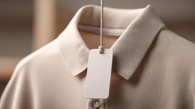 camisa con un blanco etiqueta cuelga en un cadena, suave atención antecedentes foto
