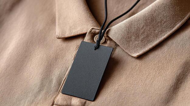 Clothing tag hangs from collar of a tan shirt with a black string loop photo