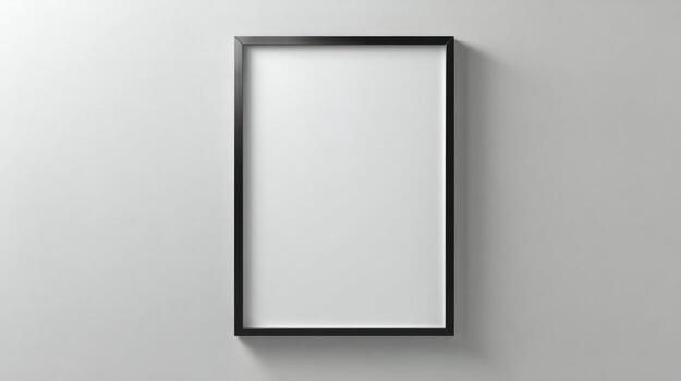 un enmarcado rectangular imagen, colgado verticalmente en un llanura blanco muro, fundición un sutil sombra foto