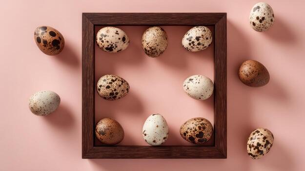 Quail eggs some framed, some scattered on a pink backdrop. Top-down shot photo