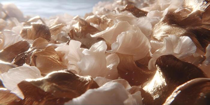 Golden and translucent delicate petal like shapes float in an abstract shimmering fluid background with sparkling particles photo