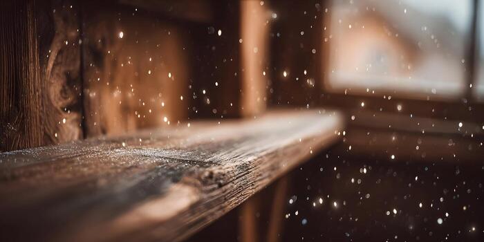A textured wooden shelf sits in a warm rustic setting with shimmering bokeh photo