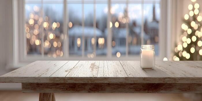 A rustic wooden table with a burning candle in a jar sits in front of a window overlooking a snowy winter scene and a blurred Christmas tree photo