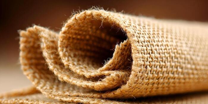 A close up view of a rolled up natural burlap fabric showing its rough texture photo
