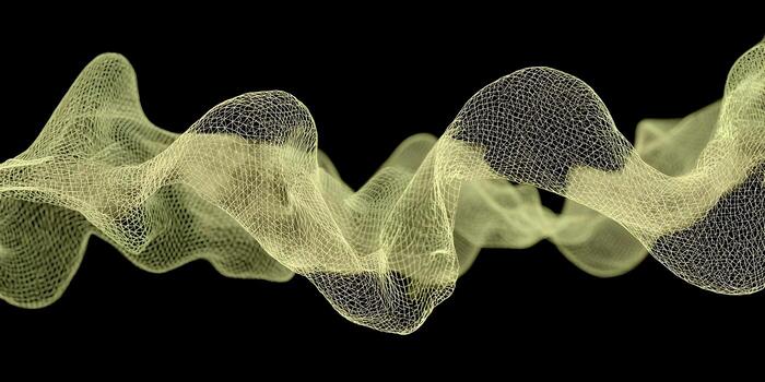 A dynamic light yellow mesh wireframe creates an abstract waveform against a black background photo