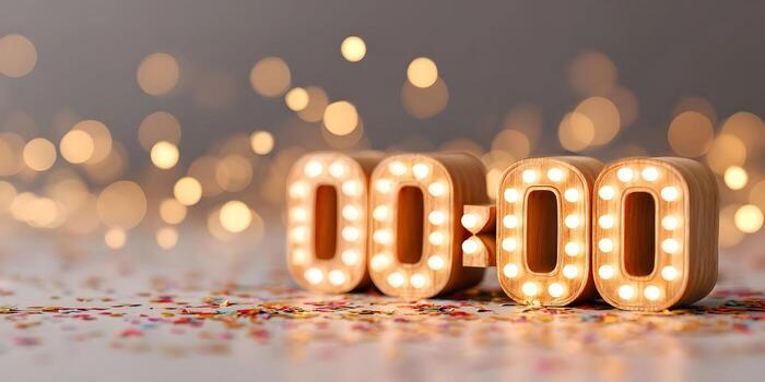Wooden light up numbers display zero zero zero zero surrounded by colorful confetti and bokeh lights photo