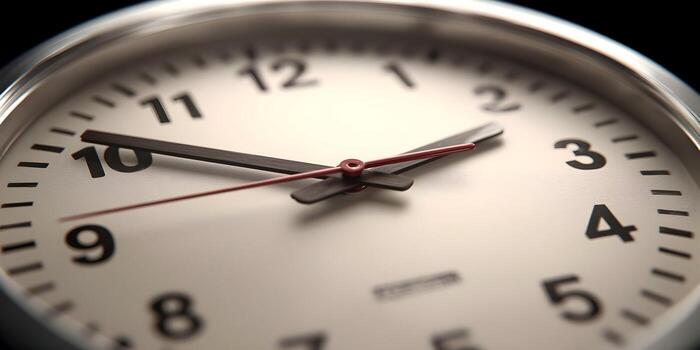 A close up view of a modern analog clock face with black numbers and a red second hand showing the passing of time photo