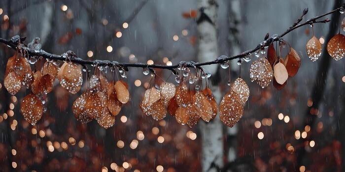 Glistening autumn leaves on a branch covered in ice droplets and falling rain with soft bokeh lights in a winter setting photo