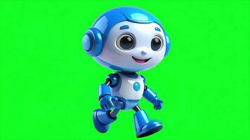 fofa pequeno azul e branco futurista robô caminhando alegremente com uma verde fundo dentro uma digital ilustração video
