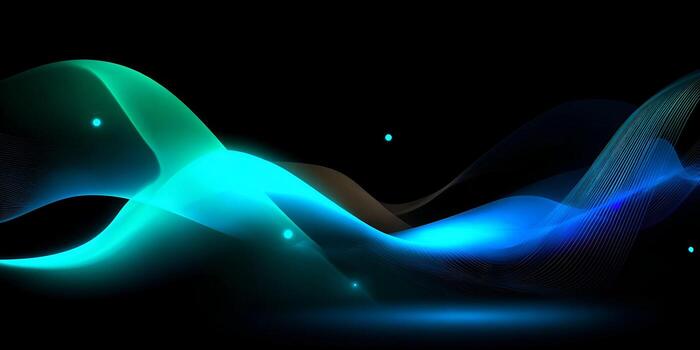 A dynamic abstract background features glowing blue and green flowing wave lines with subtle light particles photo