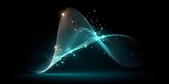 A glowing abstract particle wave creates a dynamic futuristic background on black photo