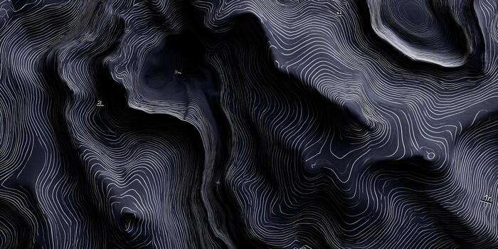 An abstract topographical map features dark undulating terrain with bright contour lines showing elevation changes photo