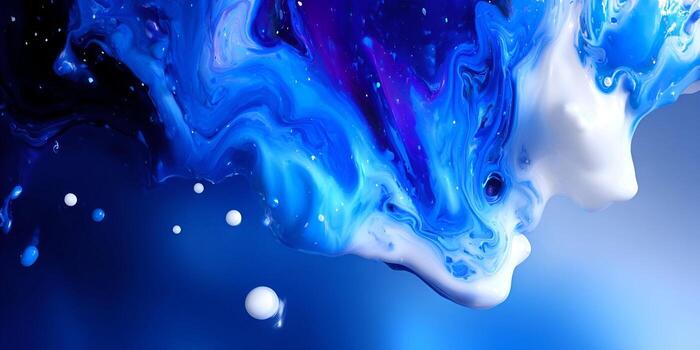 Abstract blue and white paint swirls and mixes with floating spheres creating a dynamic fluid art design photo