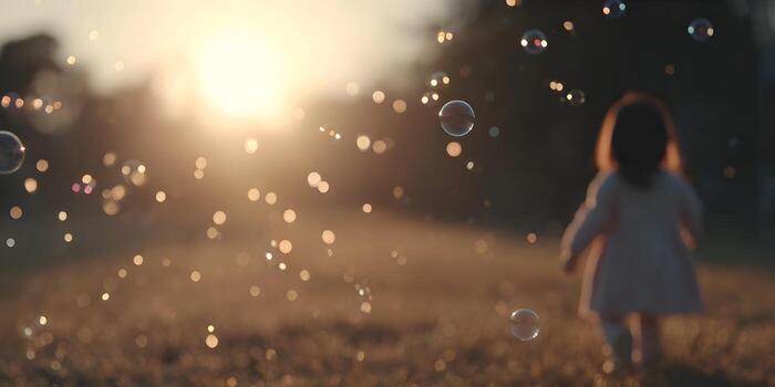 A little child walks through a sunlit field surrounded by magical floating soap bubbles creating a joyful atmosphere photo