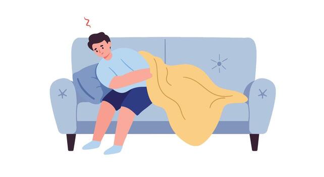 Man Feeling Unwell on Sofa with Blanket vector