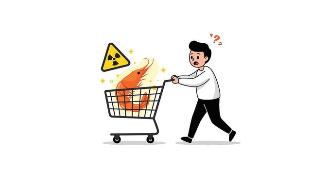 Man Pushing Shopping Cart with Radioactive Shrimp and Question Marks. vector