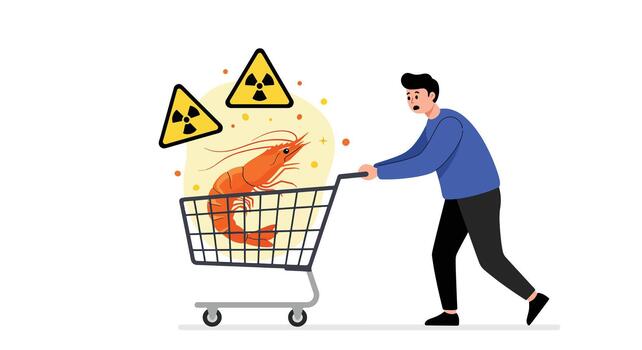 Man Pushing Shopping Cart With Radioactive Shrimp on vector