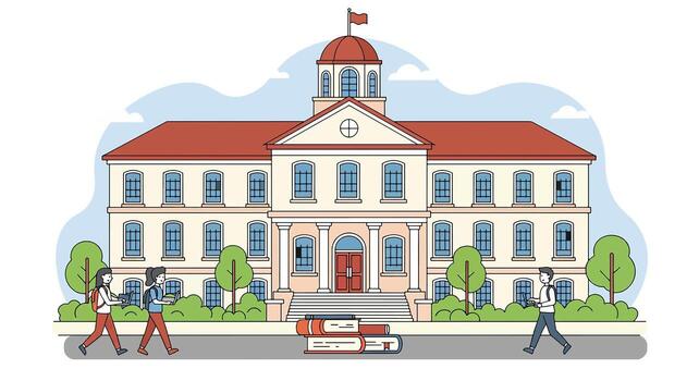 Students walking in front of a university building with books vector