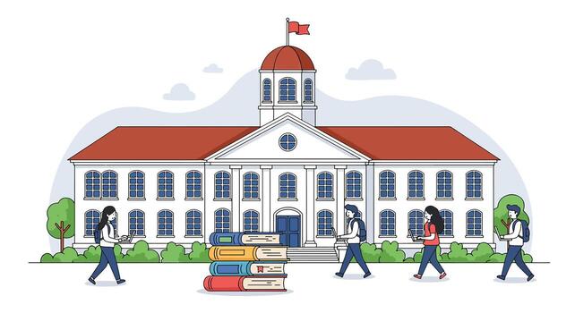 Students walking in front of a university building with books. vector