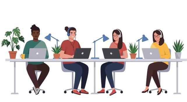 diverso equipo colaborando en laptops en moderno oficina vector