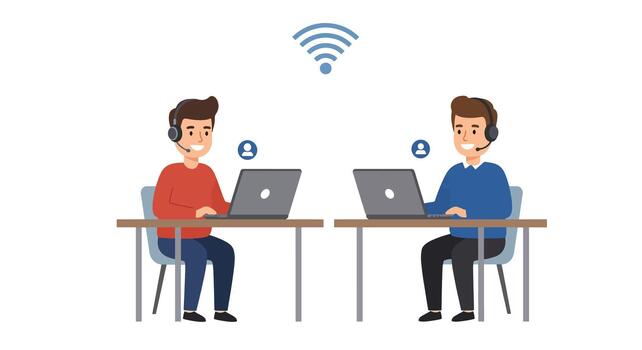 Two men working on laptops with WiFi connection. vector