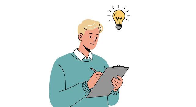 Man Writing with Lightbulb Idea Symbol. vector