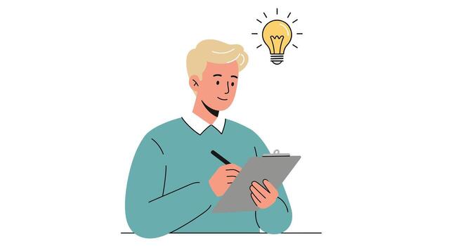 Man with Clipboard and Bright Idea Lightbulb. vector
