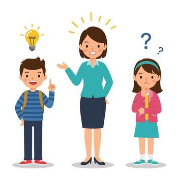 Teacher Explaining Concept to Students with Idea and Question. vector