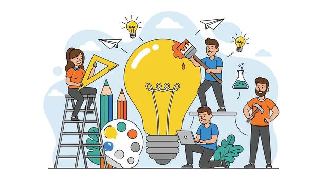 creativo equipo colaborando en un brillante idea vector