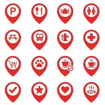 Red Location Pin Icons Set for Navigation and Services. vector