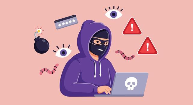 Anonymous hacker in a hoodie committing cybercrime with a laptop vector