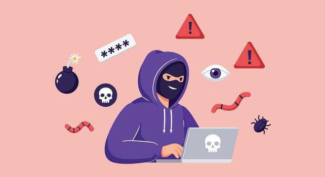 Anonymous hacker in a hoodie committing cybercrime on a laptop. vector